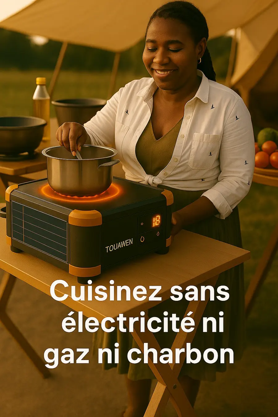Visuel de campagne TOUAWEN présentant une femme cuisinant sur un appareil autonome