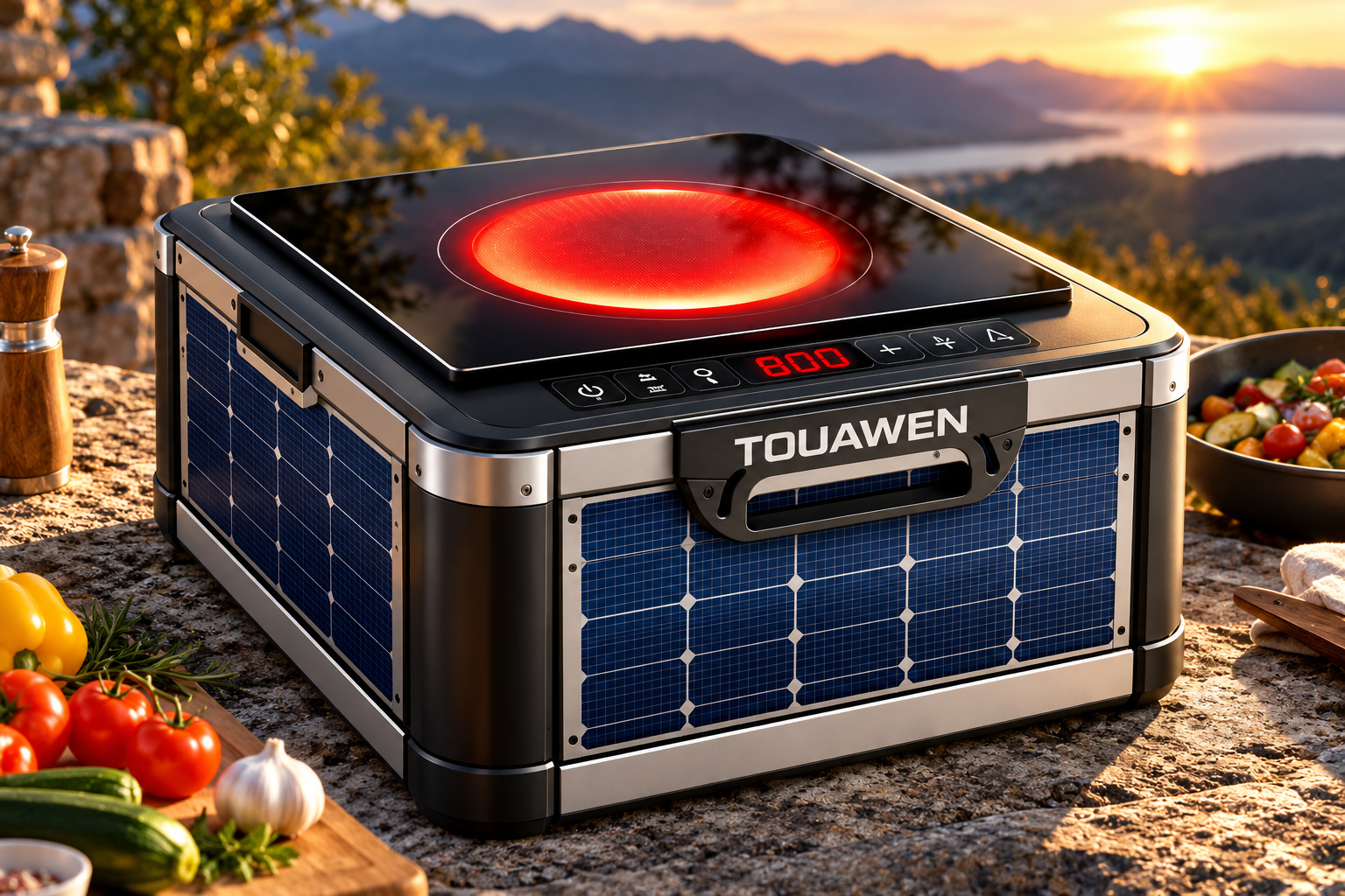 Illustration du cuiseur TOUAWEN avec panneaux photovoltaïques latéraux au coucher du soleil