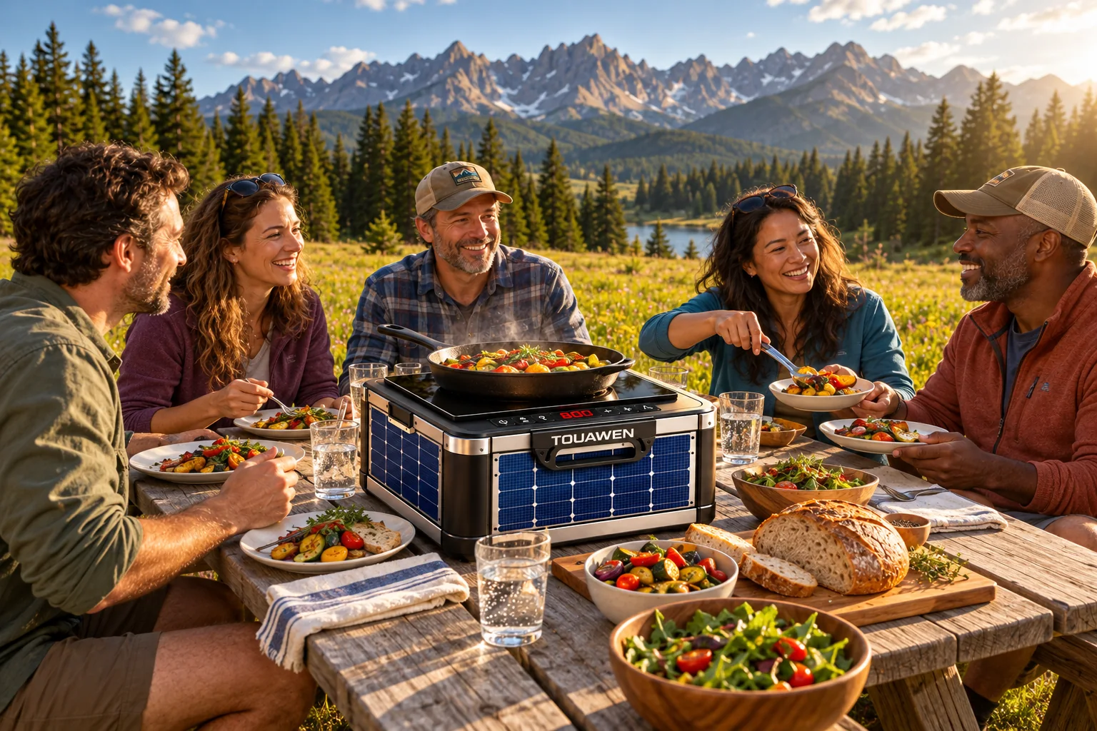 Friends sharing an outdoor picnic with the PlaqueSol One concept